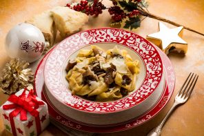 christmas italian ravioli with cheese flake and cep mushroom