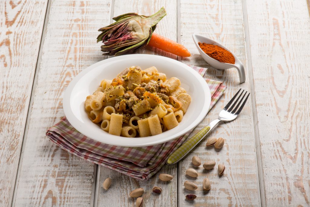 pasta with artichokes cream carrots and pistachio nuts
