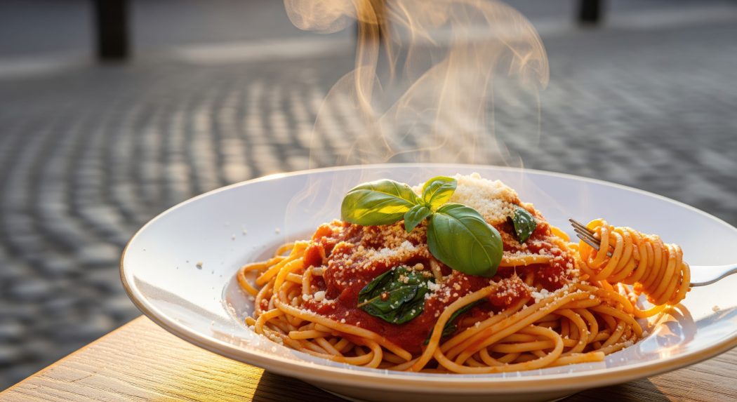 Piatto di spaghetti al pomodoro fumante su una tavola apparecchiata