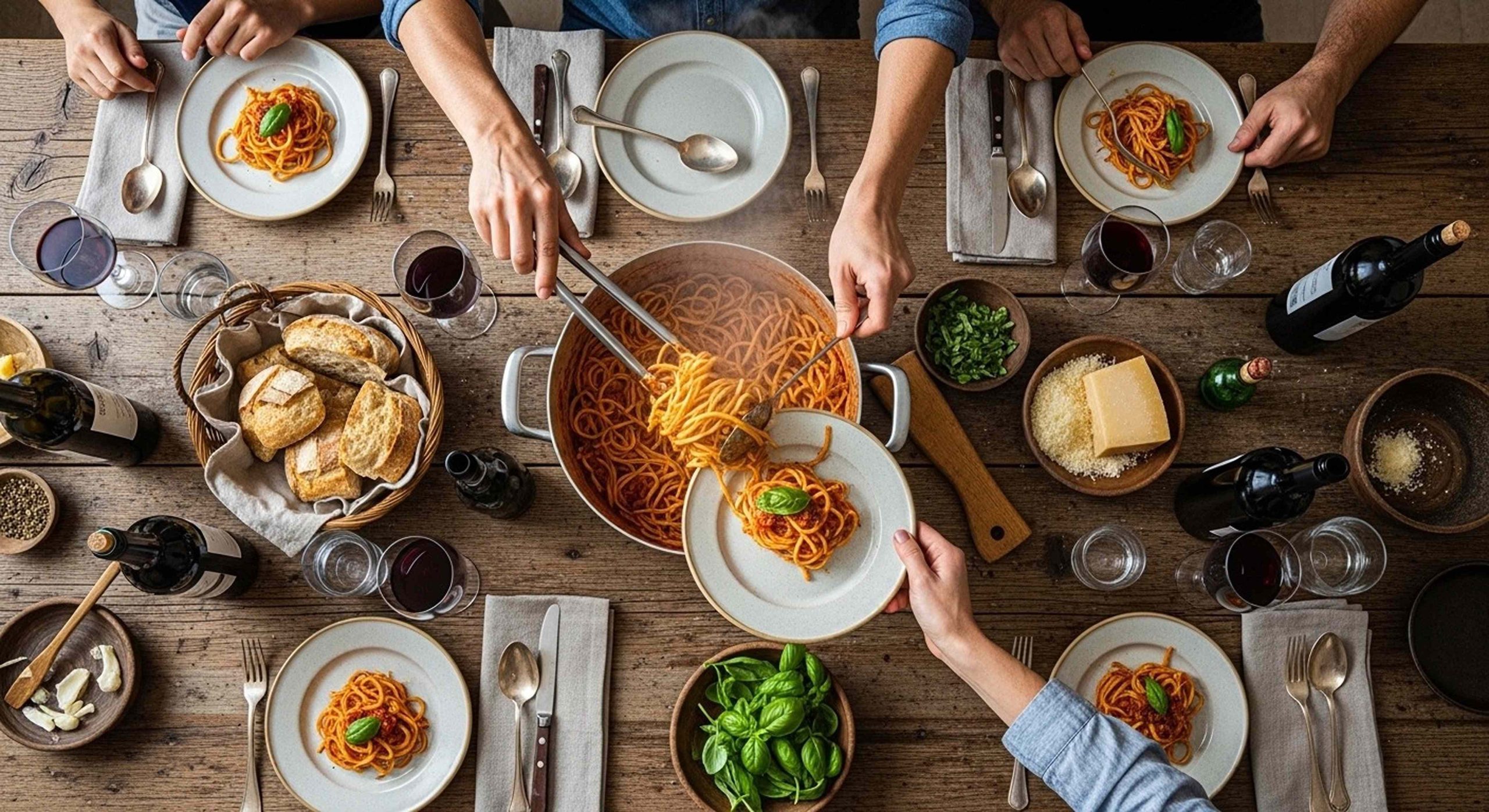 Famiglia riunita a tavola per il pranzo della domenica con un piatto di pasta al centro